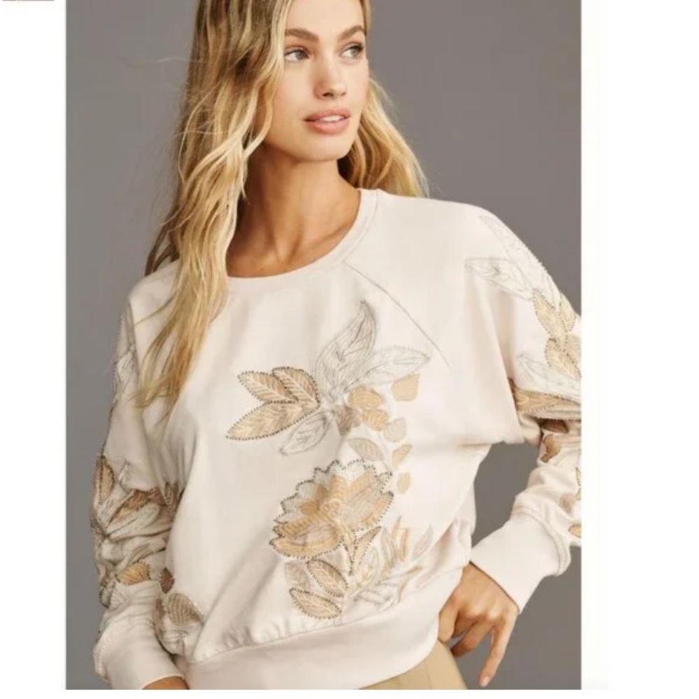 Anthropologie Floral Beaded Sweatshirt